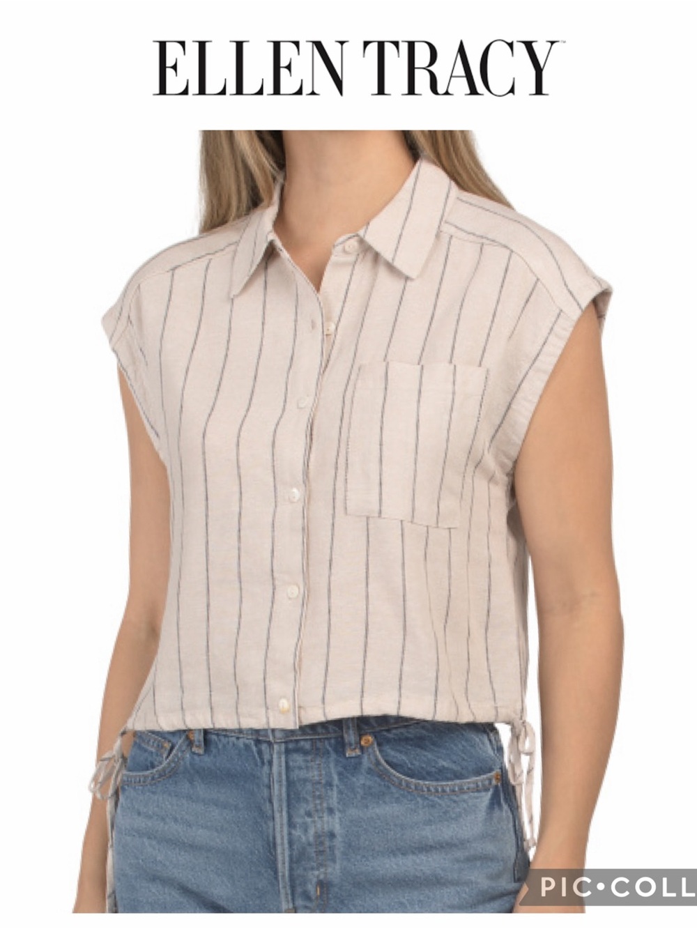 Ellen Tracy linen blend striped camp cropped shirt beige size M NWT $79